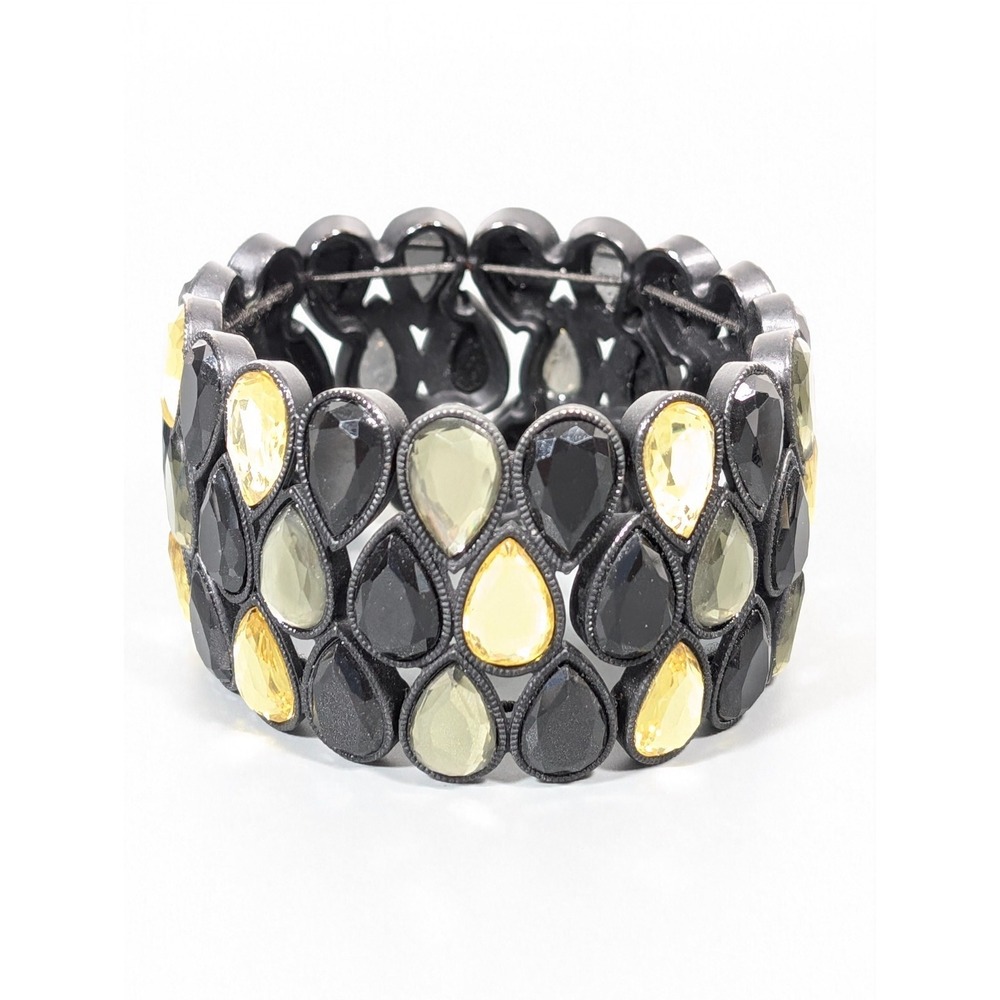 Black Yellow Teardrop Rhinestone Wide‎ Stretch Statement Bracelet